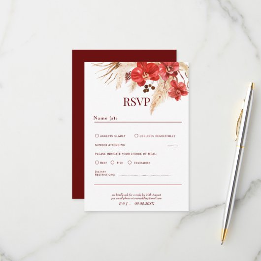Boho chic roter Orchideenfall Custom Wedding Detai RSVP Karte (Vorderseite/Rückseite Beispiel)