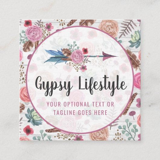 Boho Chic Rustic Feather Arrow Wasserfarbe Bohemis Quadratische Visitenkarte (Vorderseite)