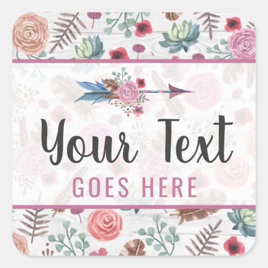 Boho Chic Rustic Feather Arrow Wasserfarbe Bohemis Quadratischer Aufkleber (Vorderseite)