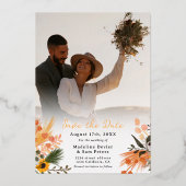 Boho chic rustikal orange Sonnenblumen 2 Foto Hoch Folieneinladung (Rückseite)