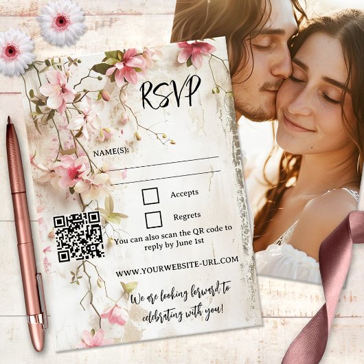 Boho Chic Rustikal Pink Floral RSVP Card Einladung