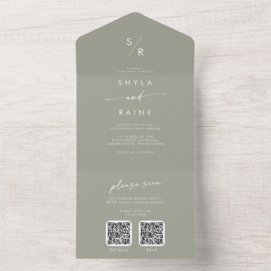 Boho Chic Sage Green Dual QR Code Hochzeit All In One Einladung (Innen Boden)