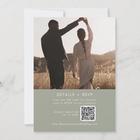 Boho Chic Sage Green Foto QR Code Hochzeit Einladung (Rückseite)