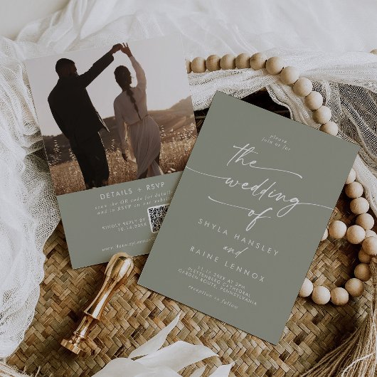 Boho Chic Sage Green Foto QR Code Hochzeit Einladung