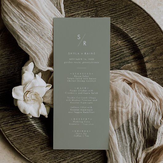 Boho Chic Sage Green Monogram Wedding Menükarte