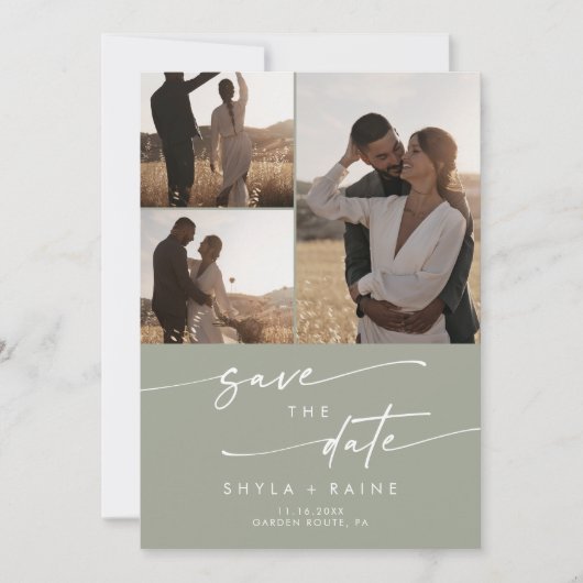 Boho Chic Sage Green Multi Foto QR Code Save The Date (Vorderseite)