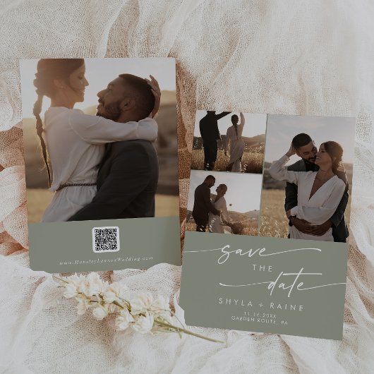 Boho Chic Sage Green Multi Foto QR Code Save The Date