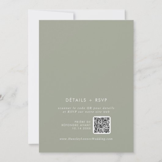 Boho Chic Sage Green QR Code Französische Hochzeit Einladung (Rückseite)