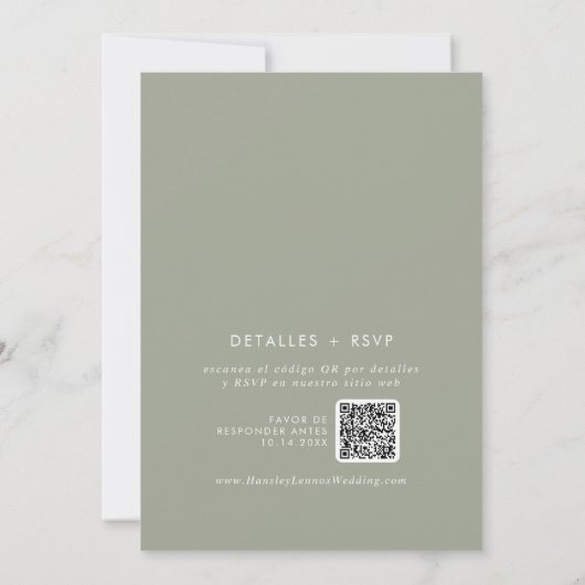 Boho Chic Sage Green QR Code Spanische Hochzeit Einladung (Rückseite)
