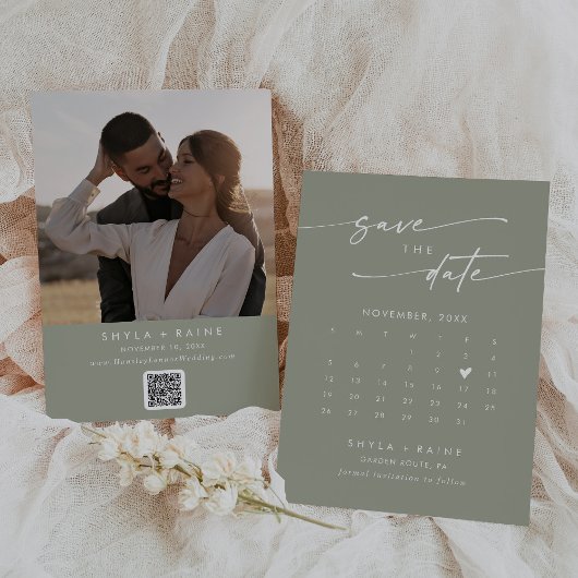 Boho Chic Sage Green QR Foto Calendar Save The Date