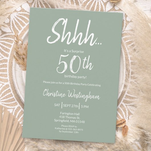 Boho Chic Sage Green Surprise 50th Birthday Einladung