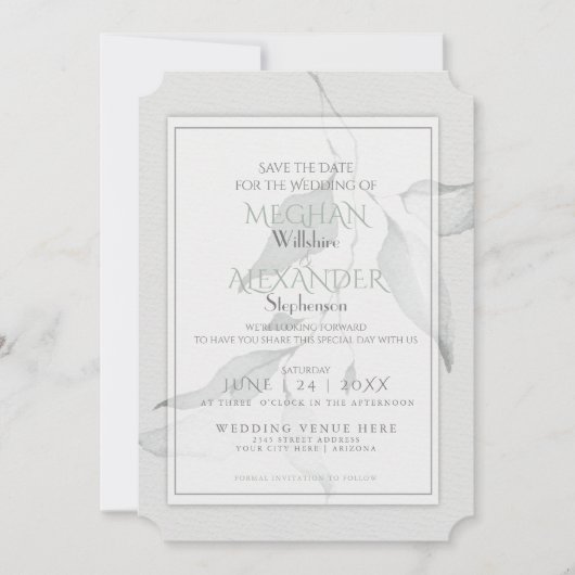 Boho Chic Sage Green Watercolor Branch Save The Date (Vorderseite)