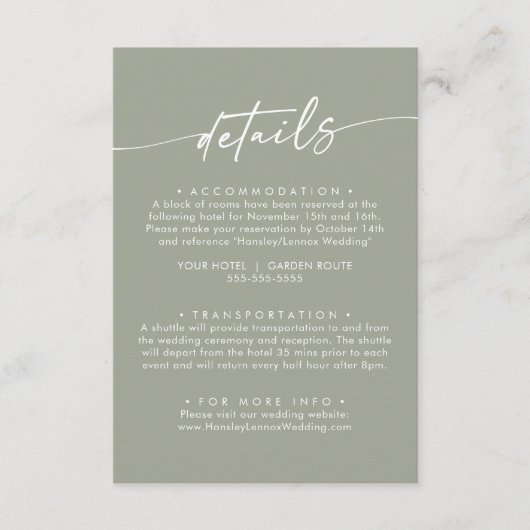 Boho Chic Sage Green Wedding Details Begleitkarte (Vorderseite)