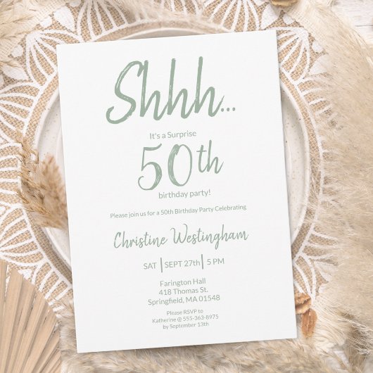 Boho Chic Salbeigrün Überraschung 50. Geburtstag Einladung