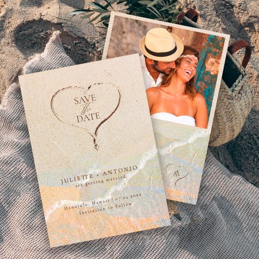 Boho-Chic-Sand-Herz-Strand-Ziel-Hochzeit Save The Date