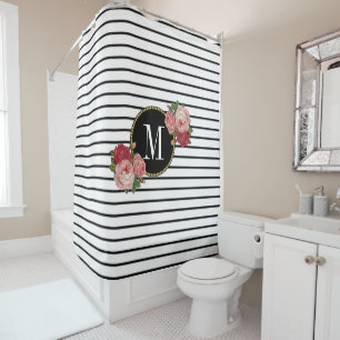 Boho Chic Schwarz-weiß Stripe Floral Monogramm Duschvorhang