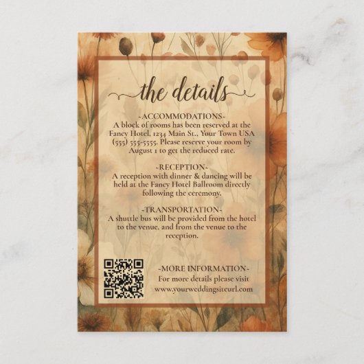 Boho Chic Sienna Floral Wedding Details QR Code Begleitkarte (Vorderseite)