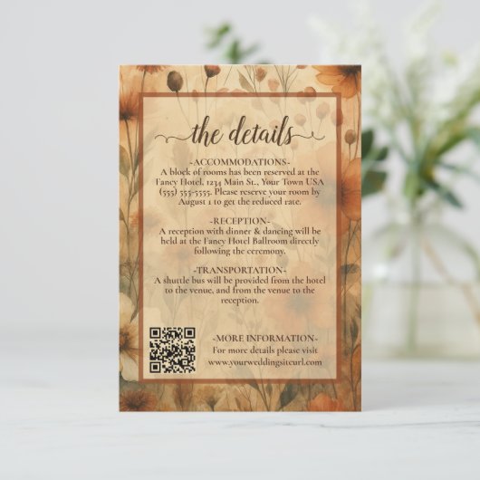 Boho Chic Sienna Floral Wedding Details QR Code Begleitkarte (Stehend Vorderseite)