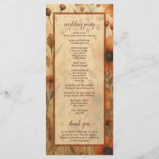 Boho Chic Sienna Wildflowers Elegant Wedding Programm (Rückseite)