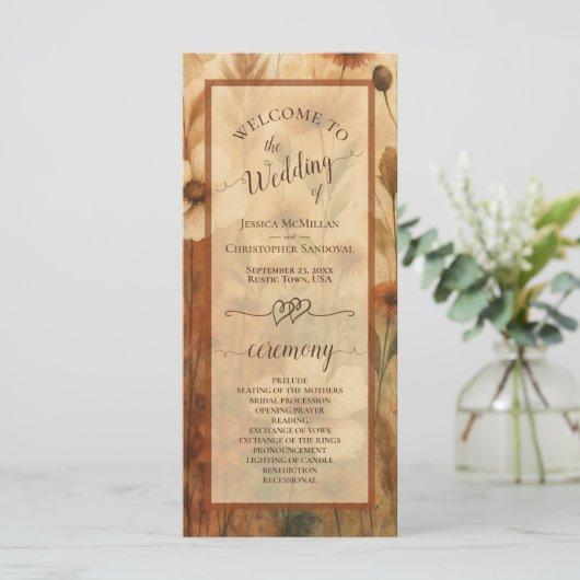 Boho Chic Sienna Wildflowers Elegant Wedding Programm (Stehend Vorderseite)