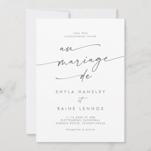 Boho Chic Silver Gray QR Code Französisch Hochzeit Einladung (Vorderseite)