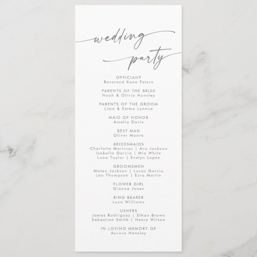 Boho Chic Silver Gray Tea Length Wedding Programm (Rückseite)