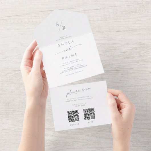 Boho Chic Slate Blue Dual QR Code Hochzeit All In One Einladung (Abreißen)