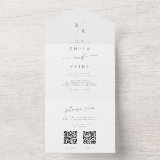 Boho Chic Slate Blue Dual QR Code Hochzeit All In One Einladung (Innen Boden)