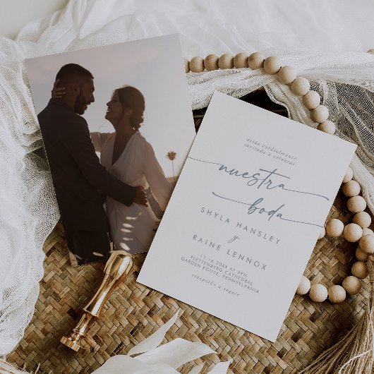 Boho Chic Slate Blue Foto Spanish Wedding Einladung