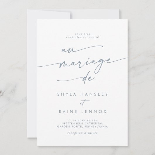 Boho Chic Slate Blue QR Code Französisch Hochzeit Einladung (Vorderseite)