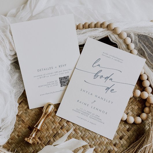 Boho Chic Slate Blue QR Code Spanische Hochzeit Einladung