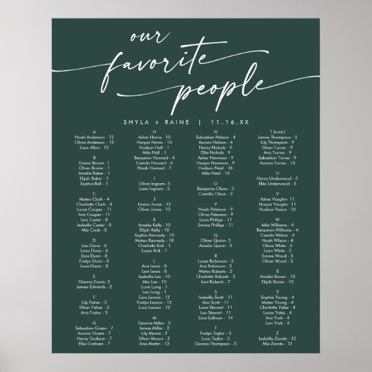 Boho Chic Smaragdgrün Druckbare Sitzordnung Poster (Vorne)