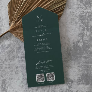 Boho Chic Smaragdgrüne Doppelte QR-Code-Hochzeit All In One Einladung