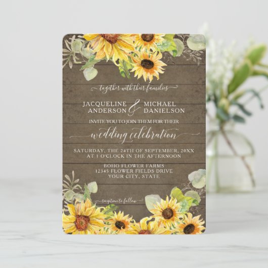 BOHO Chic Sunflower Eukalyptus Leaf Wedding Einladung (Stehend Vorderseite)