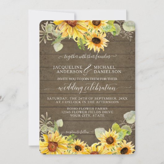 BOHO Chic Sunflower Eukalyptus Leaf Wedding Einladung (Vorderseite)