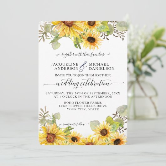 BOHO Chic Sunflower Eukalyptus Leaf Wedding Einladung (Stehend Vorderseite)