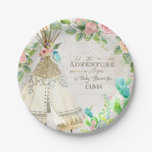 BOHO Chic Teepee Cactus Baby Girl Dusche Holzart Pappteller