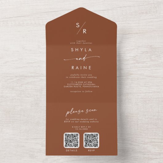 Boho Chic Terracotta Dual QR Code Wedding All In One Einladung (Innen Boden)