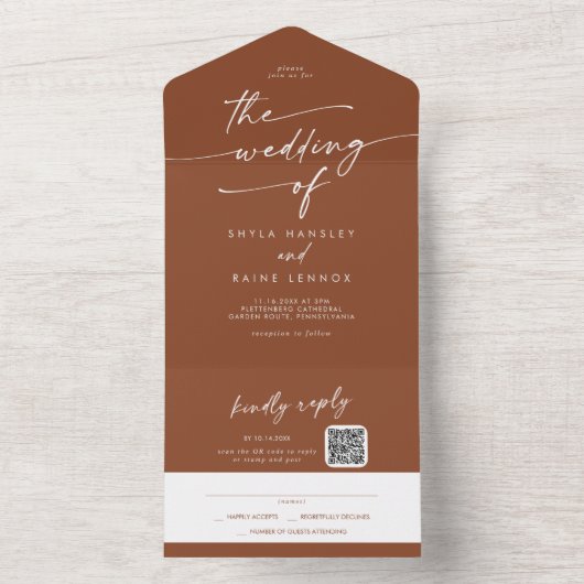 Boho Chic Terracotta QR Code Mail bei Hochzeit All In One Einladung (Innen Boden)
