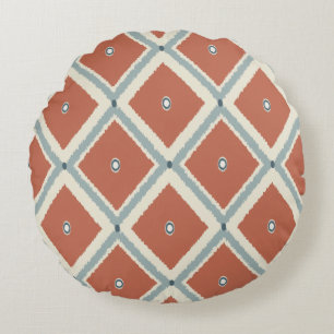 Boho Chic Terrakotta und Indigo geometrisches Ikat Rundes Kissen