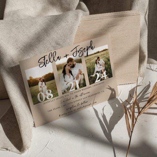 Boho Chic Three Fotos Collage Unique Wedding Einladung