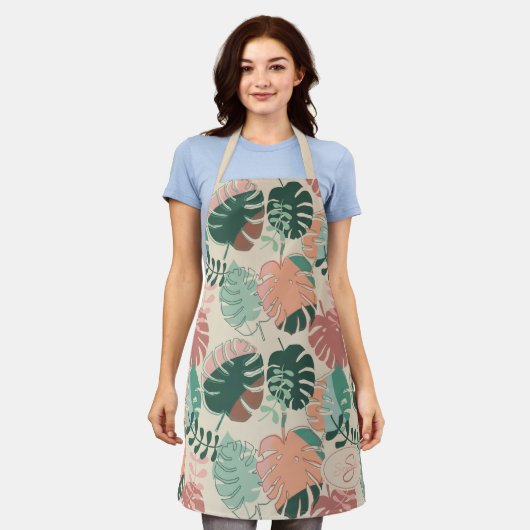 Boho Chic Tropical Botanical Pattern Monogram Schürze (Getragen)