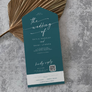 Boho Chic Türkisblauer QR-Code Hochzeit per Post All In One Einladung