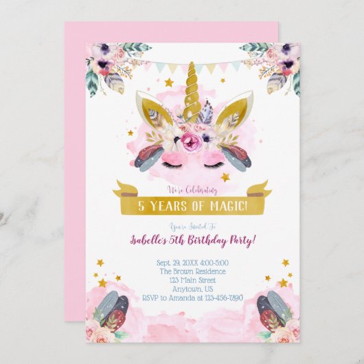 Boho Chic Unicorn Face Birthday Einladung (Vorne/Hinten)