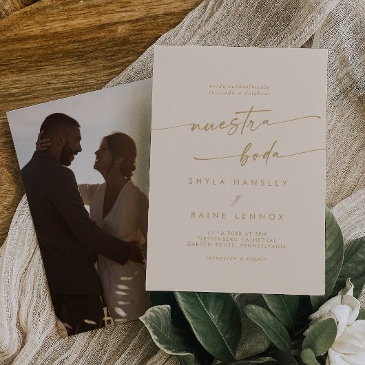 Boho Chic Vintag Gold Foto Spanische Hochzeit Einladung