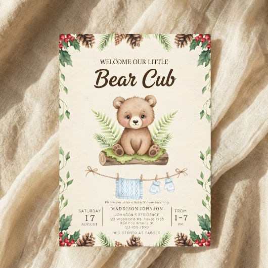 Boho-Chic-Wald-Bär-Grün-Baby-Party Einladung