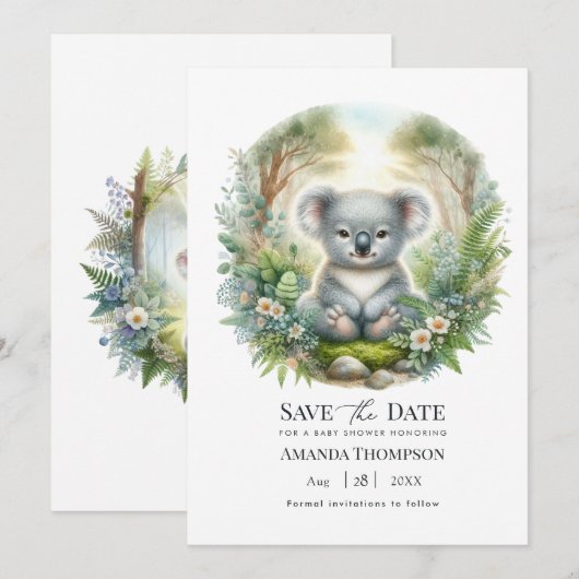 Boho-Chic-Wald-Koala-Baby-Party Save The Date (Vorne/Hinten)