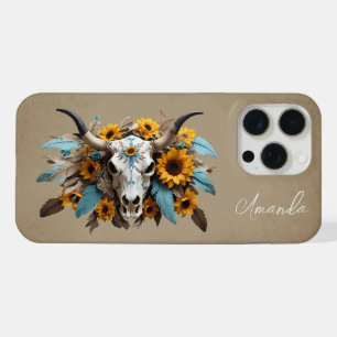 Boho Chic Wasserfarbe Sonnenblume Feder Kuhschädel iPhone 15 Pro Max Hülle