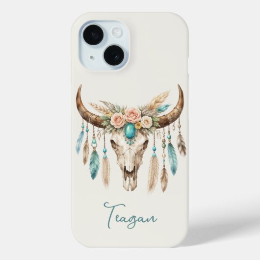 Boho-Chic-Wasserfarben-Blumen-Kuh-Schädel Case-Mate iPhone Hülle (Rückseite)