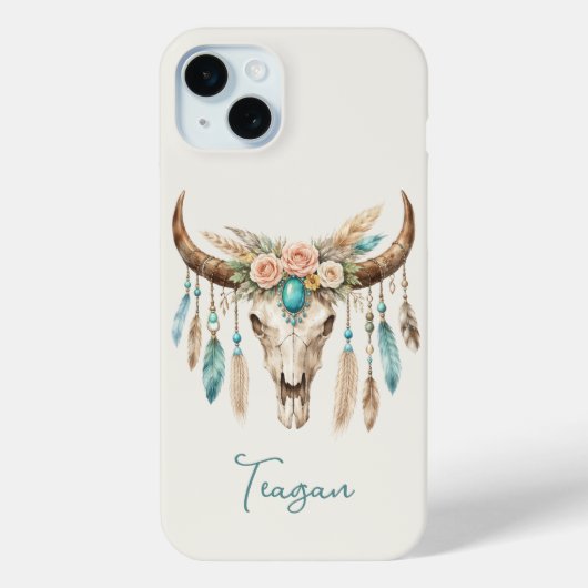 Boho-Chic-Wasserfarben-Blumen-Kuh-Schädel Case-Mate iPhone Hülle (Rückseite)